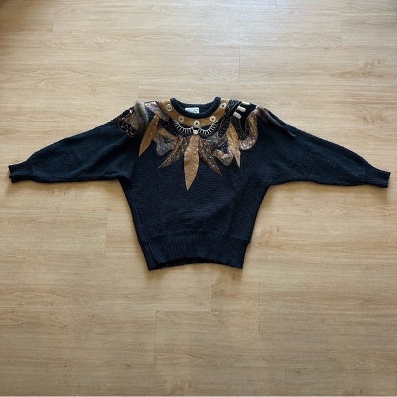 Christine Sweaters - Vintage 80s Christine Maximalist Leather Fur Art Oversized Crewneck Sweater